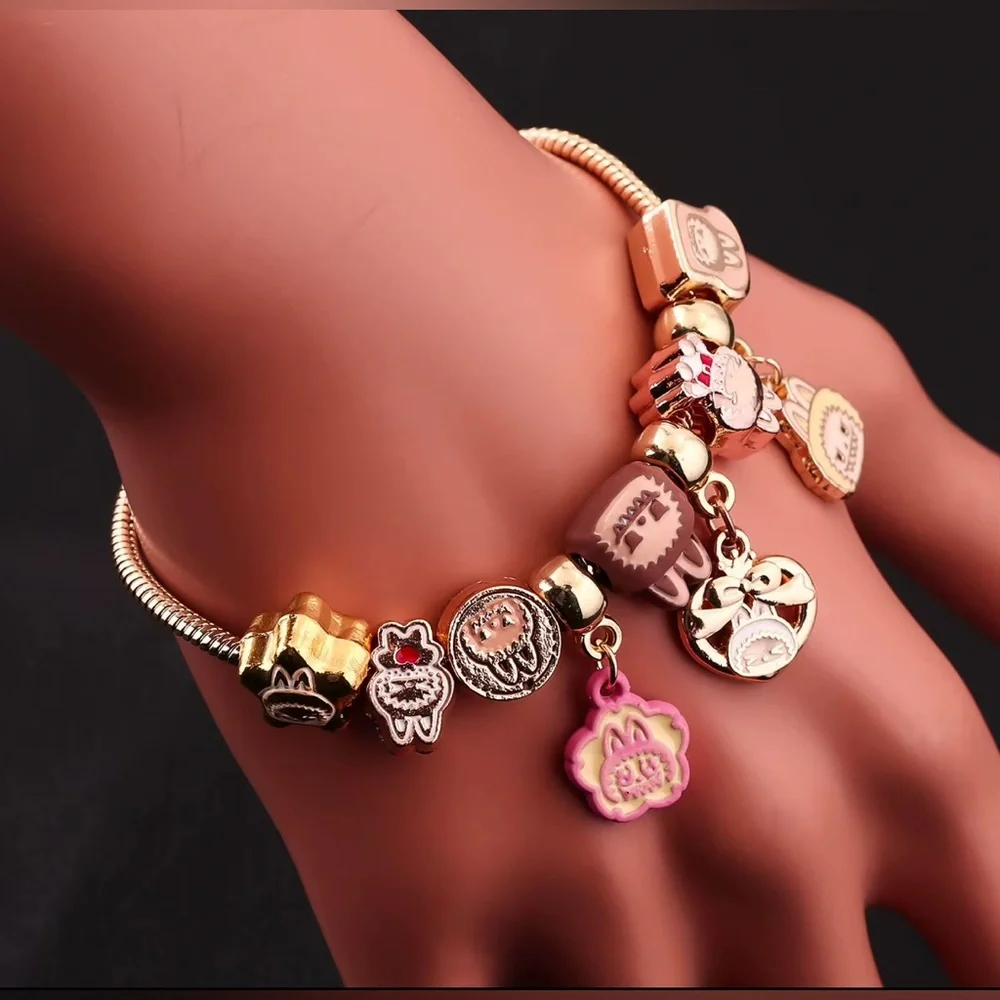 18K Gold Labubu Character Themed Fully Loaded Charm Bracelet Unisex Kawaii Anime - Picture 8 of 12